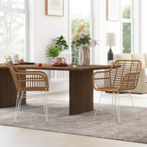 Zwei HOMCOM Esszimmerstühle 2er Set aus Polyrattan mit geschwungener Rückenlehne und weißen Metallbeinen am Holztisch.
