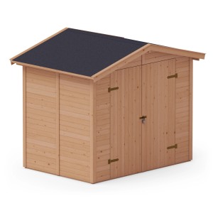 Upyard Geräteschuppen aus Holz, imprägniert, 240x170 cm, mit Doppeltür und schwarzem Dach.