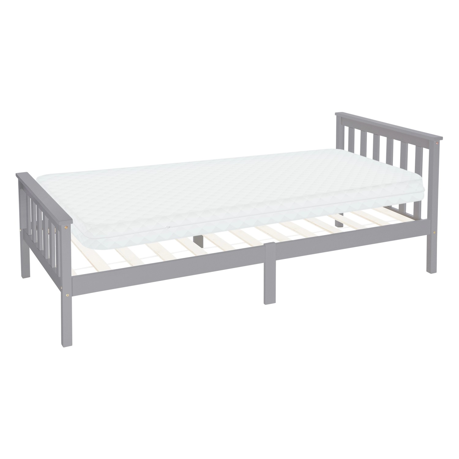 Hellgraues Holzbett 90x200 cm mit Lattenrost und Matratze von ML-Design.