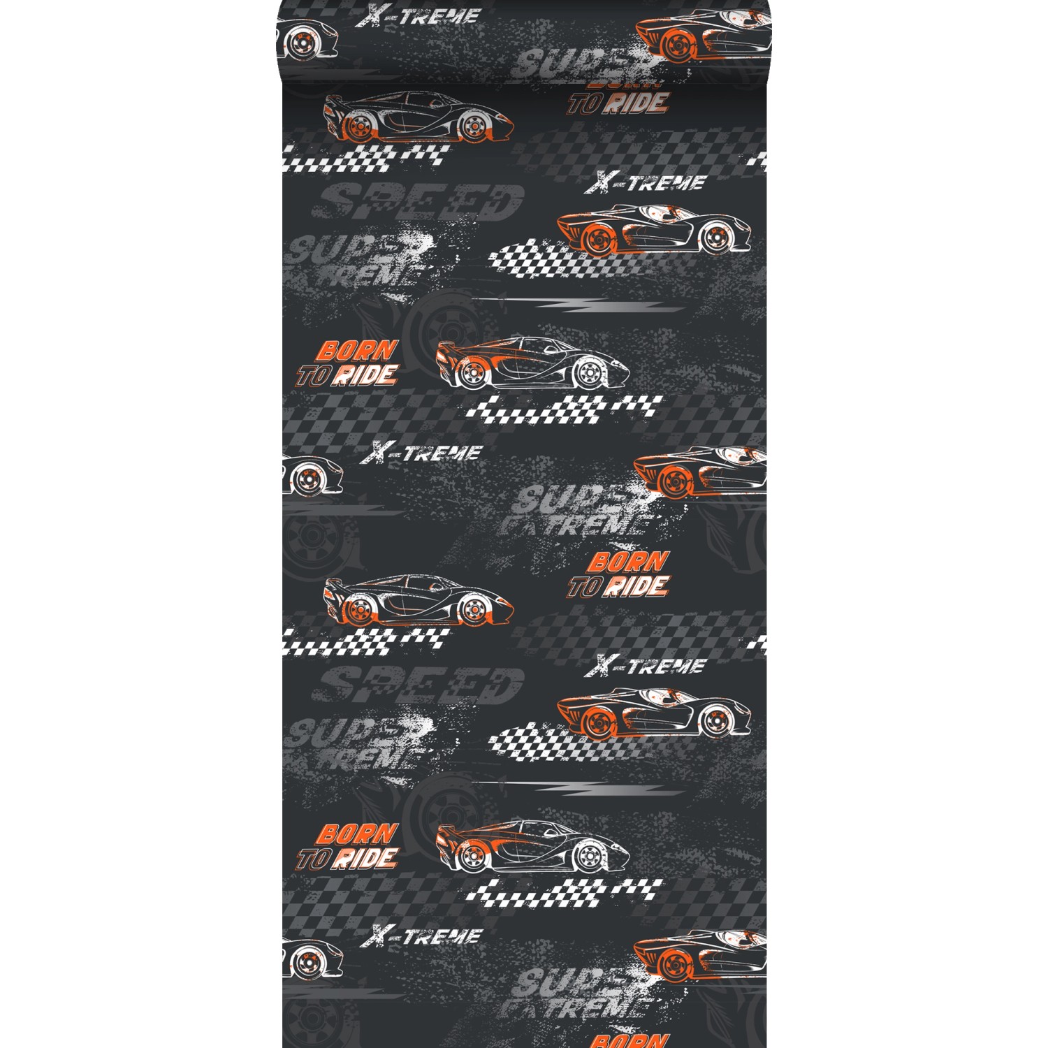 Sanders & Sanders Tapete Rennwagen Orange und Schwarz-Weiß 50 x 900 cm günstig online kaufen