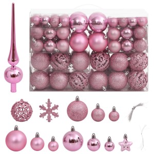 111-tlg. Weihnachtskugel-Set in Rosa mit Kugeln, Sternen, Schneeflocken und Baumspitze.