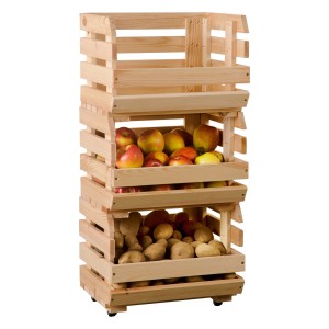 OBI Obst- und Kartoffelkiste aus Kiefernholz mit Äpfeln und Kartoffeln in drei Regalebenen.