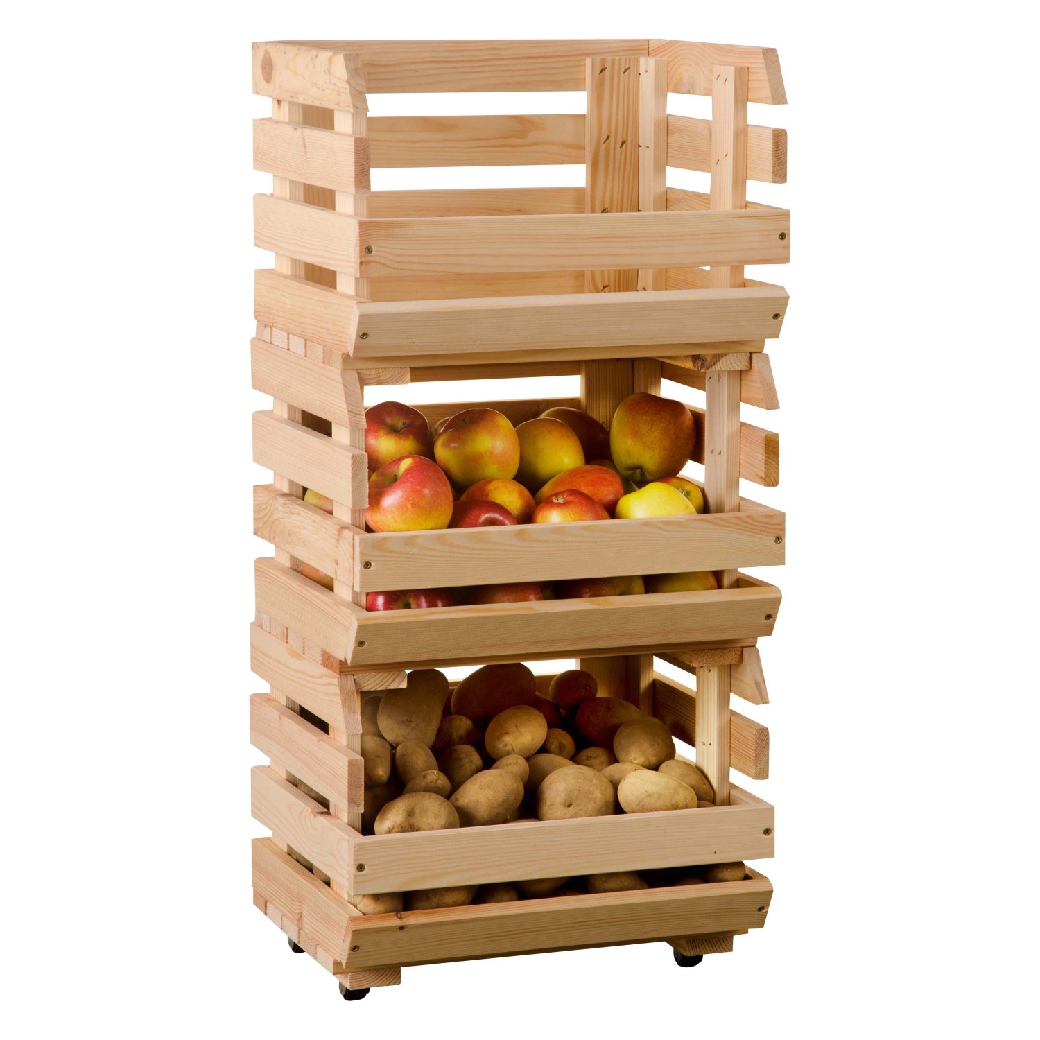 OBI Obst- und Kartoffelkiste aus Kiefernholz mit Äpfeln und Kartoffeln in drei Regalebenen.