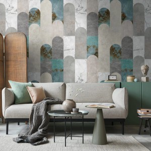 Fototapete Marmoroptik in Grau, Blau und Weiß von PROFHOME. Vliestapete mit Kachelmuster.