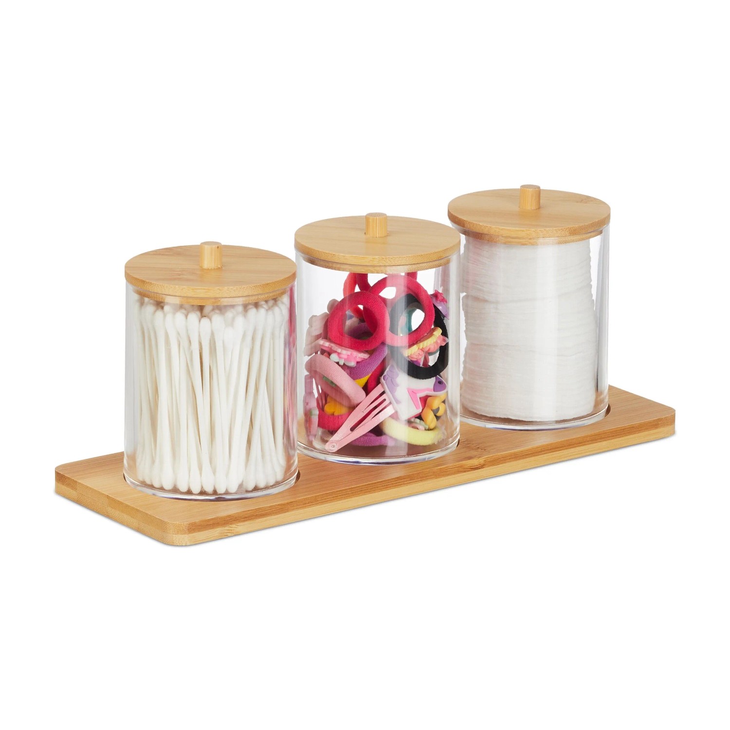 Relaxdays Wattestäbchenbehälter Kunststoff Bambus Transparent Natur Mit Tablett Mit Deckel 11 cm x 27 cm x 9,5 cm 450 g