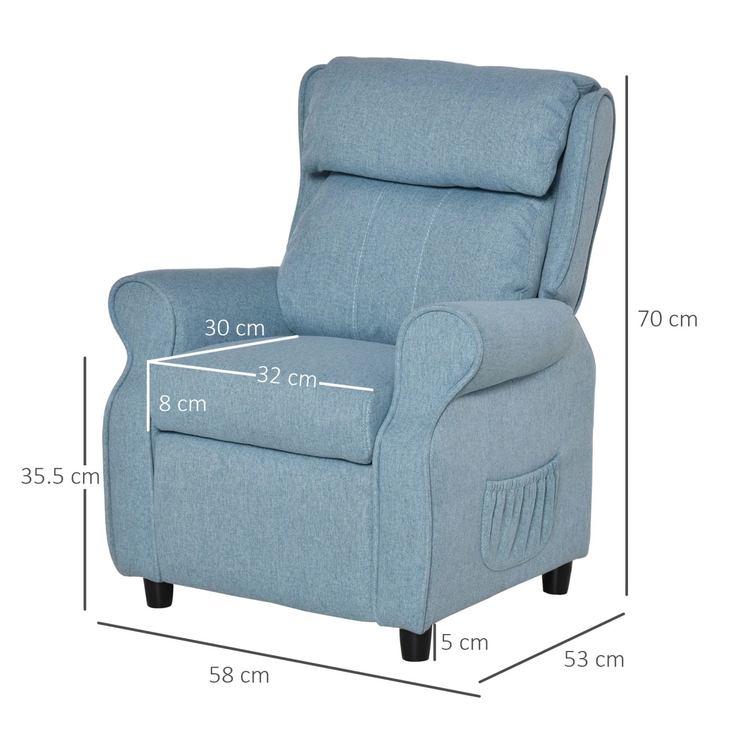 Blaues HOMCOM Kindersofa mit Fußstütze, verstellbar, 58x53x70 cm.