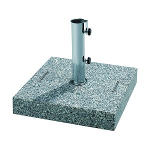 Quadratischer Schneider Granit-Sonnenschirmständer, 42 kg, mit Edelstahlrohr für Schirmstöcke.