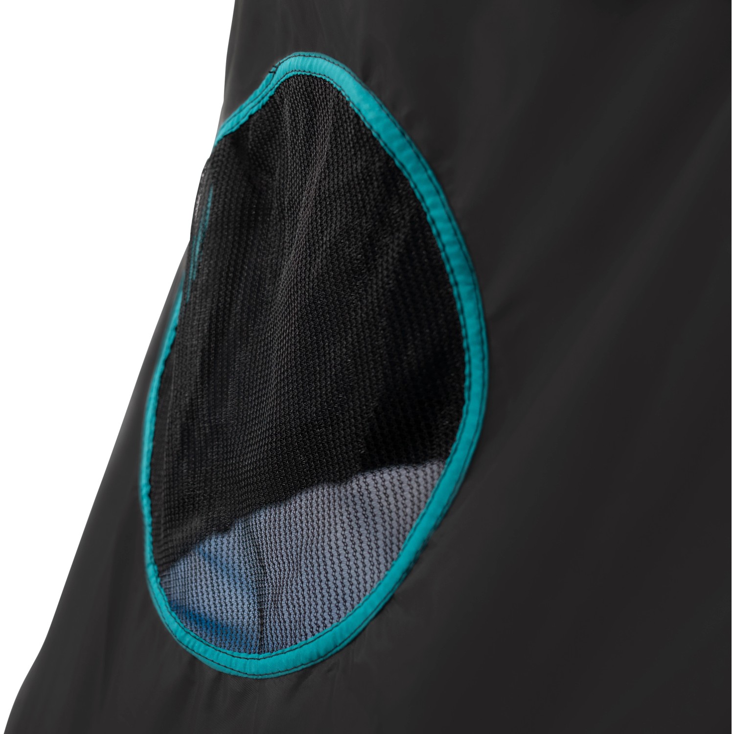 Detailaufnahme: Schwarze TP Toys UFO Sitzschaukel mit blau umrandetem Netzfenster.