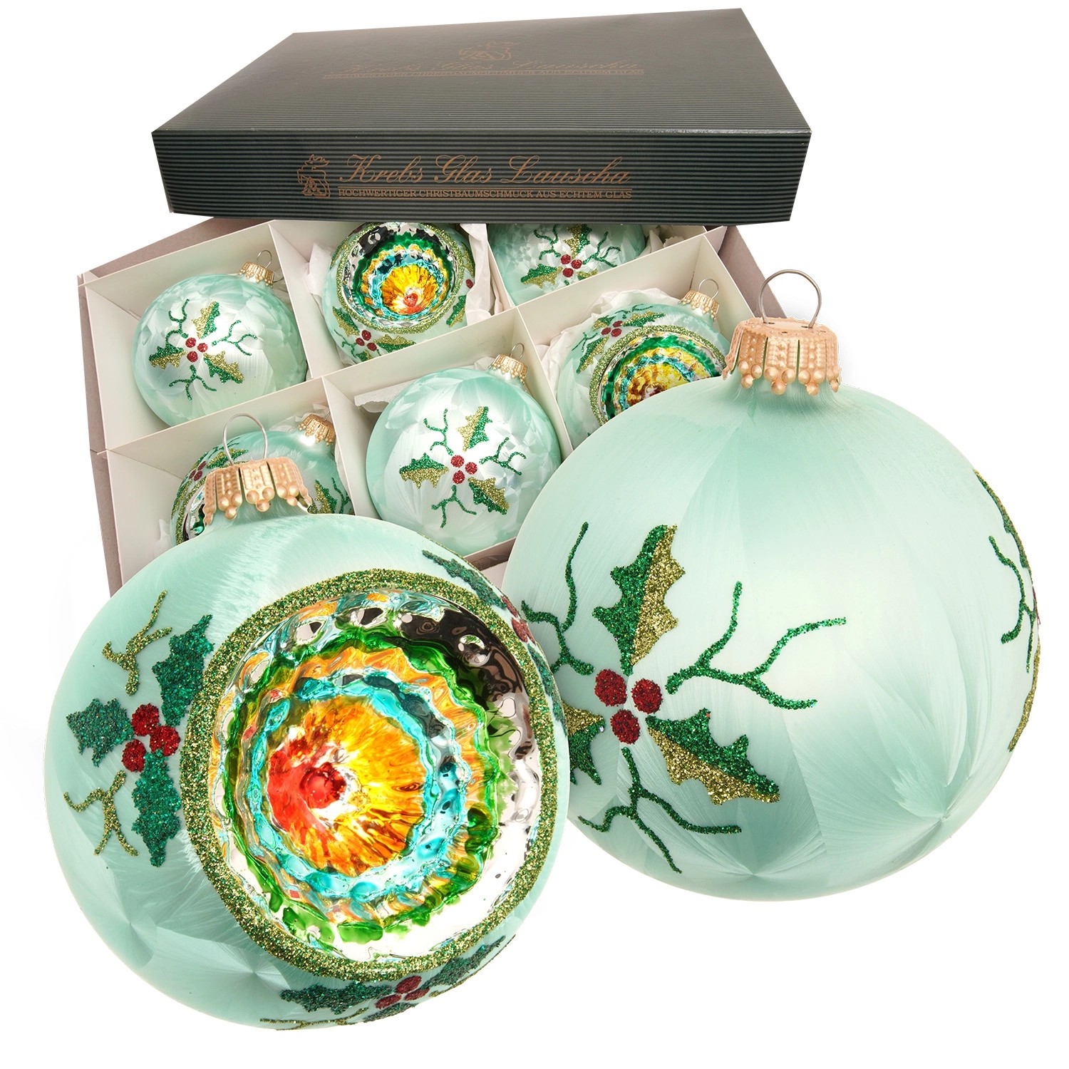 Krebs Glas Lauscha Weihnachtskugeln Reflexset Zoe mit Mistelzweigen Grün 8cm