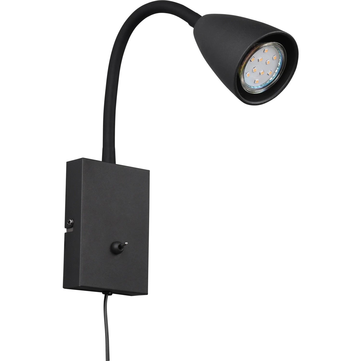 Schwarze Trio Wandleuchte Wanda mit flexiblem Arm und GU10 Fassung.