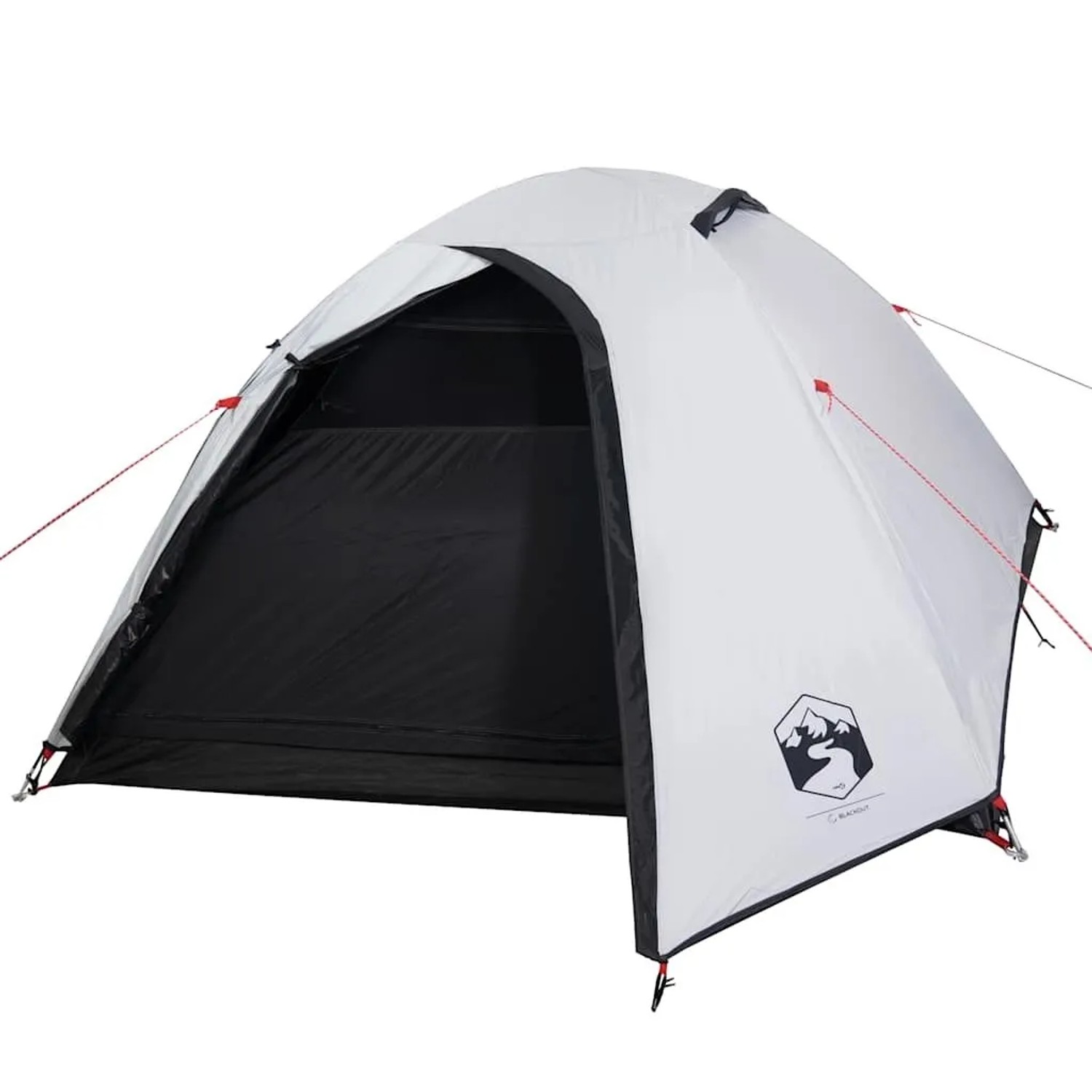Weißes Furnicato Kuppel Campingzelt, verdunkelnd, mit offenem Eingang, roten Abspannleinen und Logo.