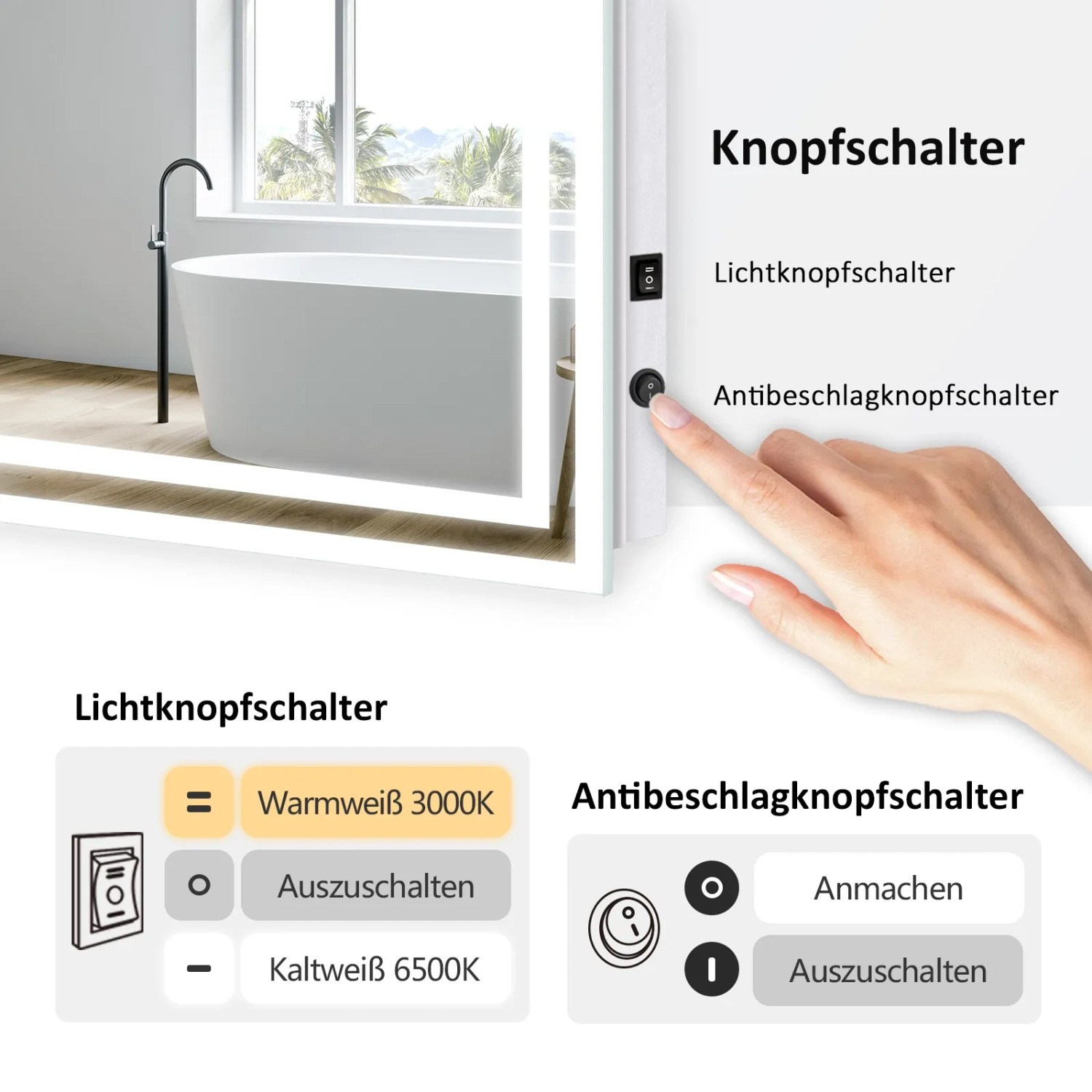 Emke LED Badspiegel 100x60 cm mit Kippschalter, Beleuchtung und Anti-Beschlag Funktion.