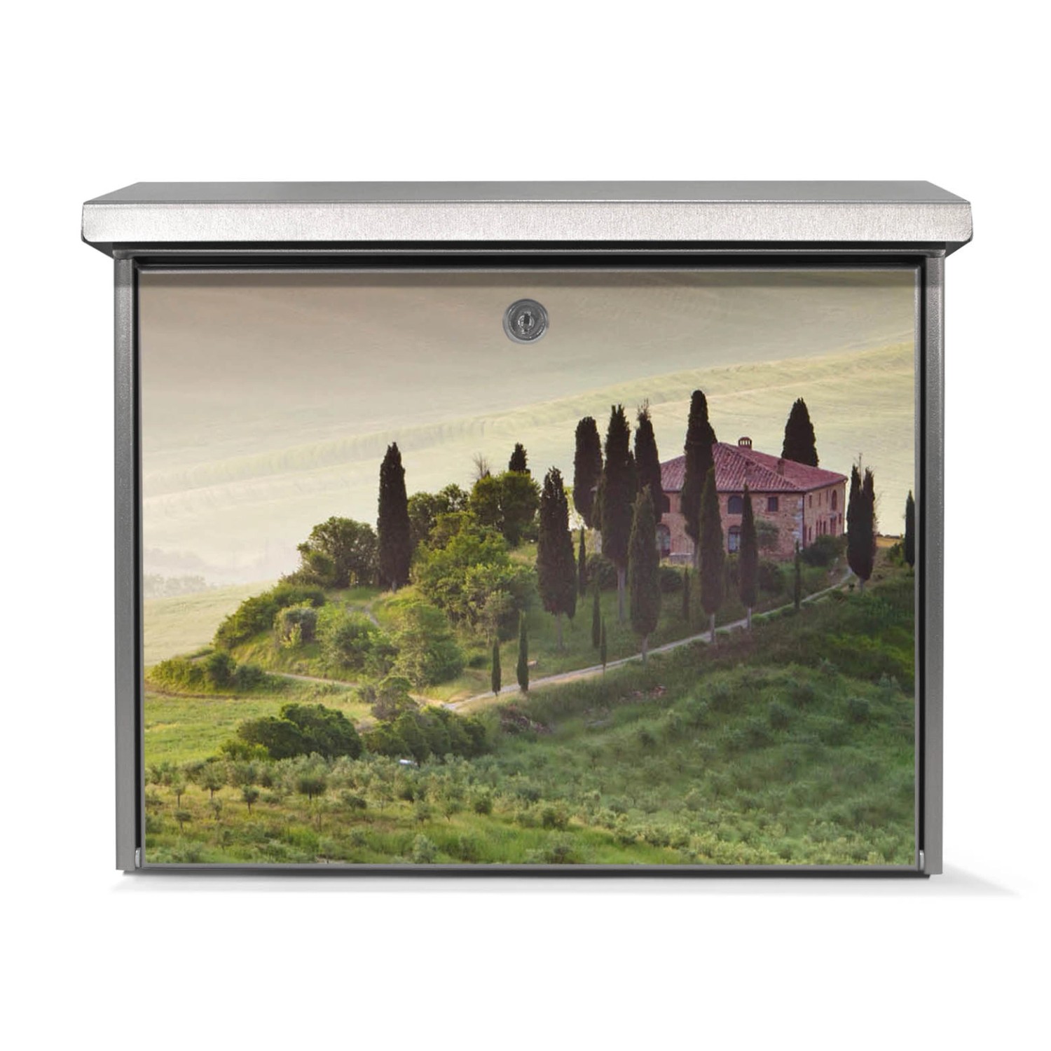 Edelstahl Briefkasten mit Toscana Motiv. Wetterfester Postkasten ohne Zeitungsfach, 38.5x31.5x12cm.