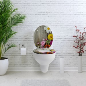 Sanfino WC-Sitz Alp Meadow mit Blumenmotiv auf Holz, Absenkautomatik für leises Schließen.