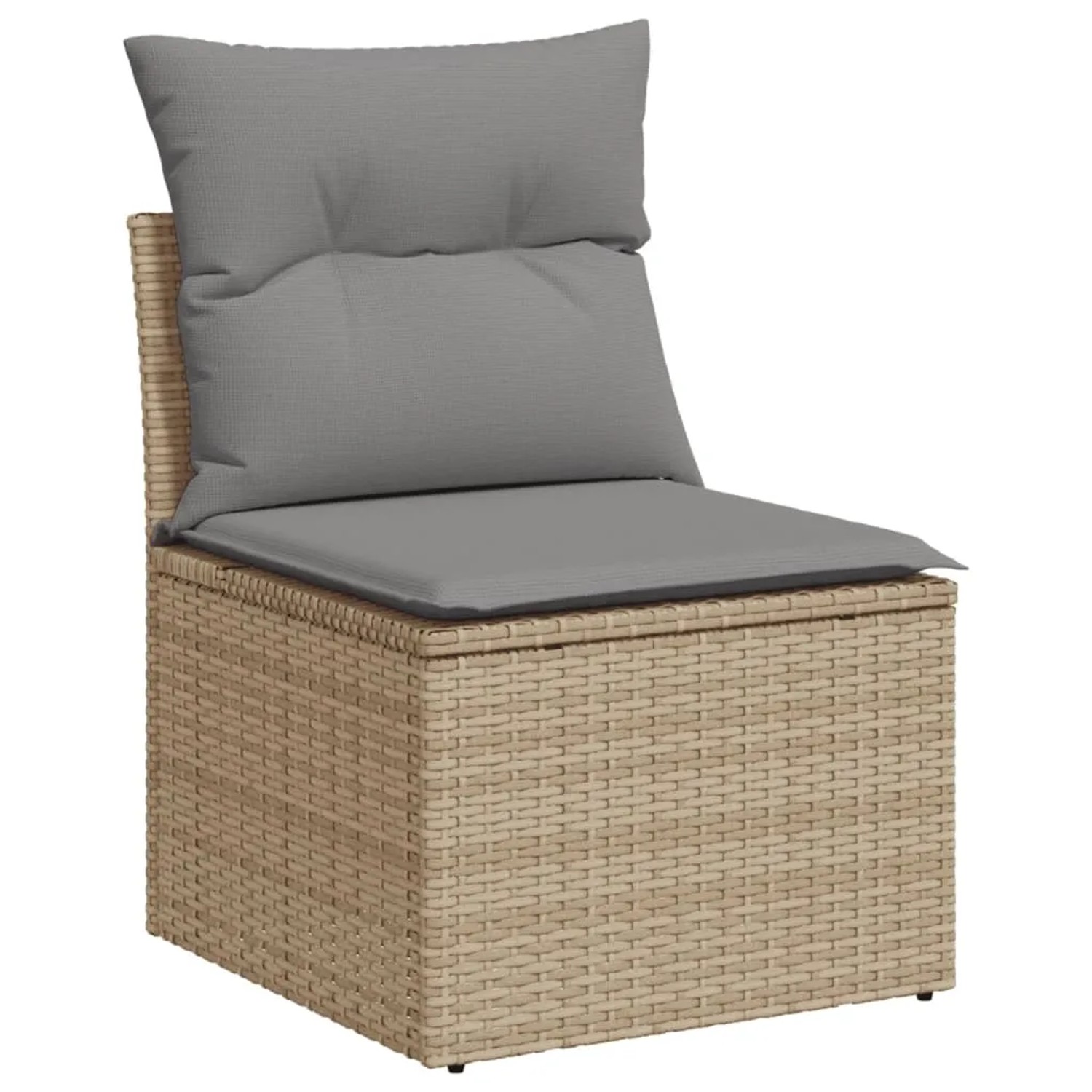 Beige Garten-Sofagarnitur aus Rattan mit grauen Kissen, Teil eines modularen Sets.