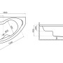 Technische Zeichnung der Bad Land Eckbadewanne MEGA 160x105 Links mit Maßen und Seitenansicht.