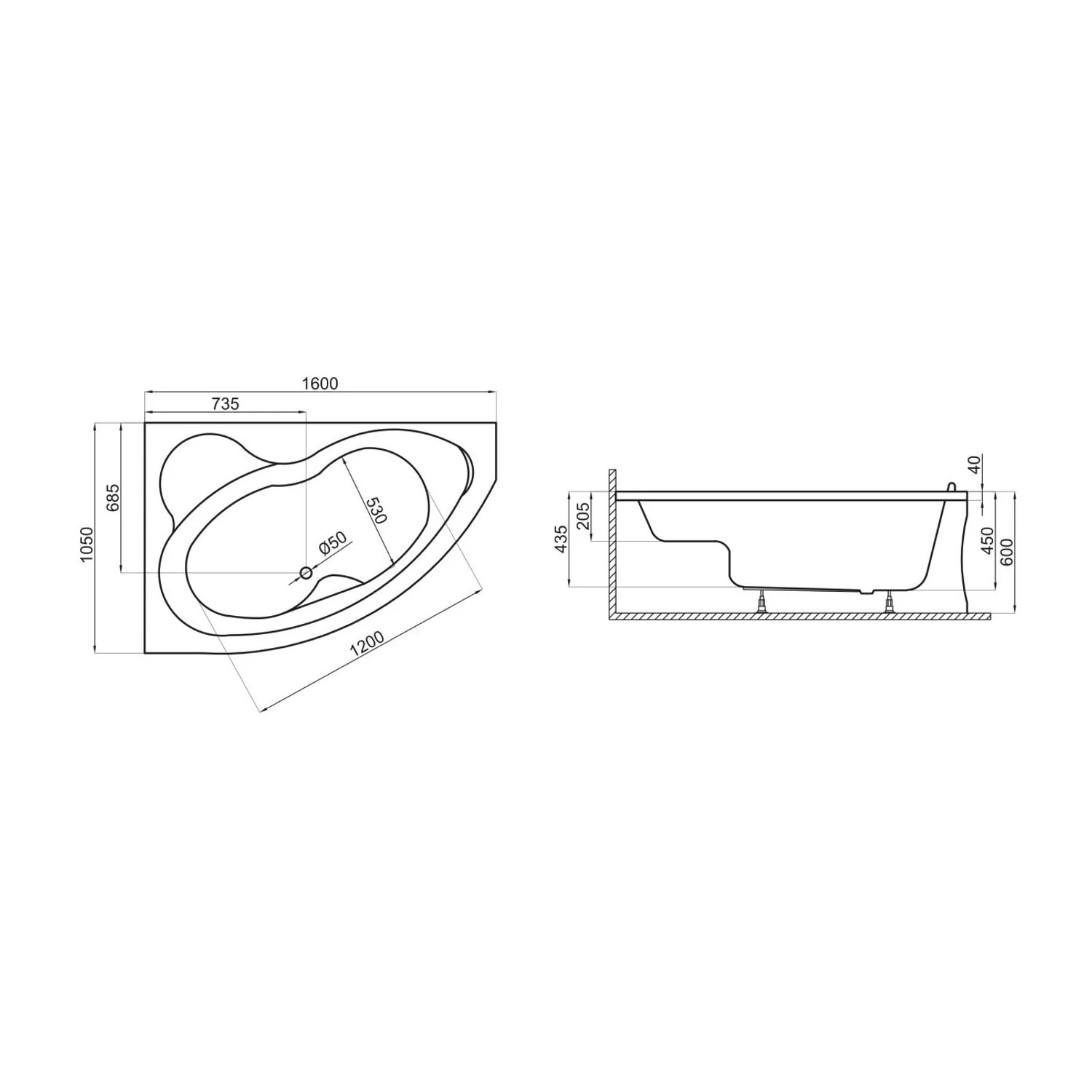 Technische Zeichnung der Bad Land Eckbadewanne MEGA 160x105 Links mit Maßen und Seitenansicht.