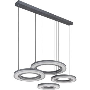 Moderne LED-Pendelleuchte Blasius mit vier Ringen in Schwarz/Weiß. Dimmbar und mit Fernbedienung.