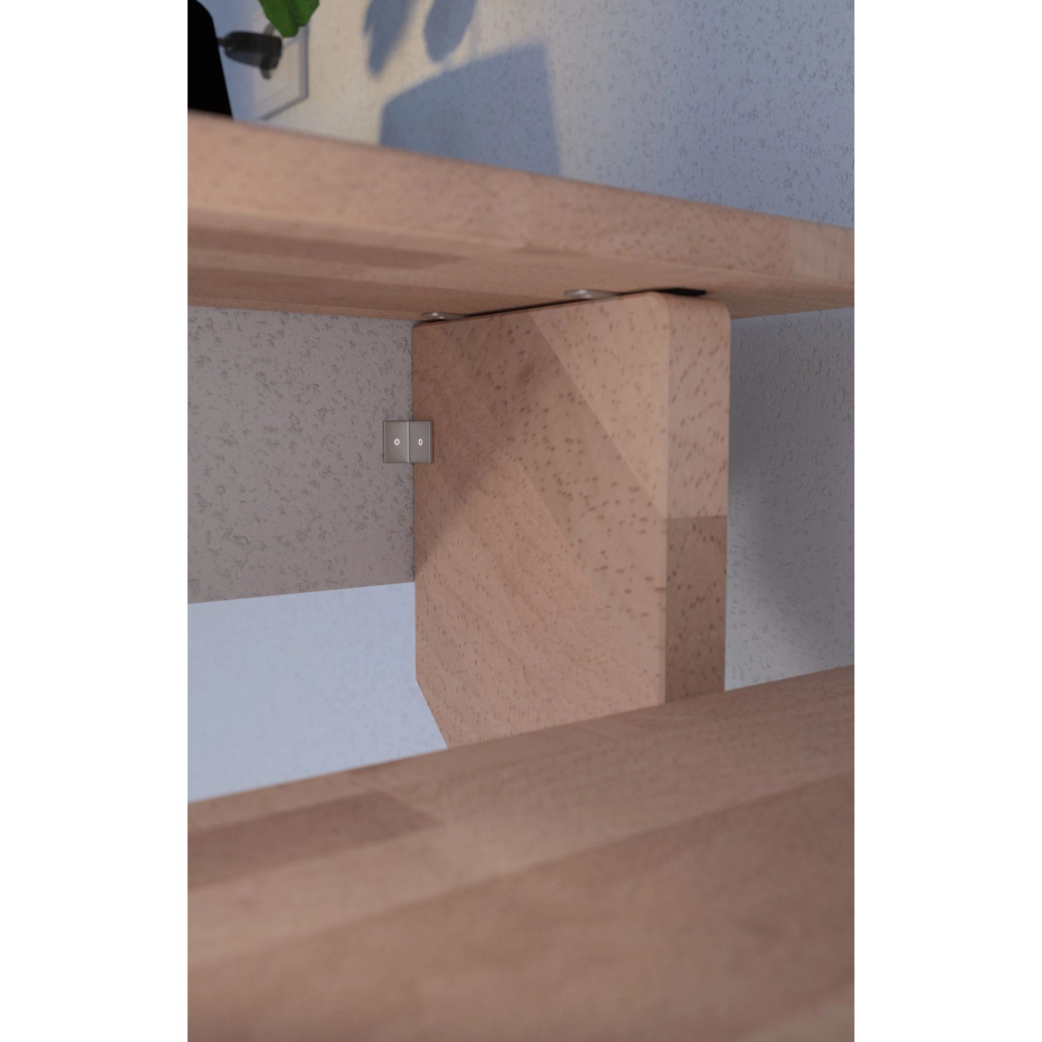 Detailaufnahme einer Buchenholztreppe Lindos mit Setzstufen und Holz-Edelstahl-Geländer.
