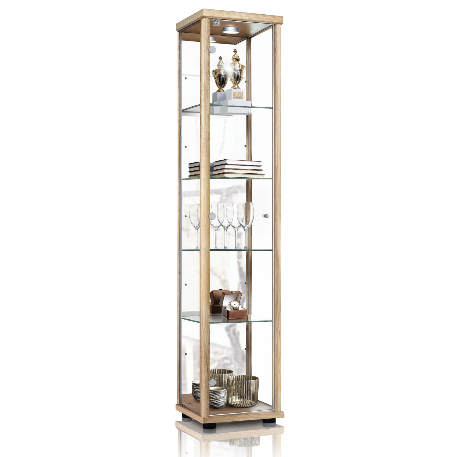 K-Möbel Sammlervitrine Stehend 176x37x33 cm Made in Germany mit Spiegel, Schloss, LED & Glasböden Buche