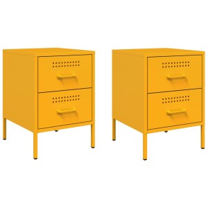 Zwei senfgelbe Nachttische aus Stahl mit je zwei Schubladen. Ideal für Schlafzimmer.