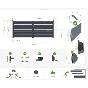 Technische Zeichnung: Casanoov Flügeltor (3m) & Gartentür (1m) Vogel, Aluminium grau, Maße und Details.