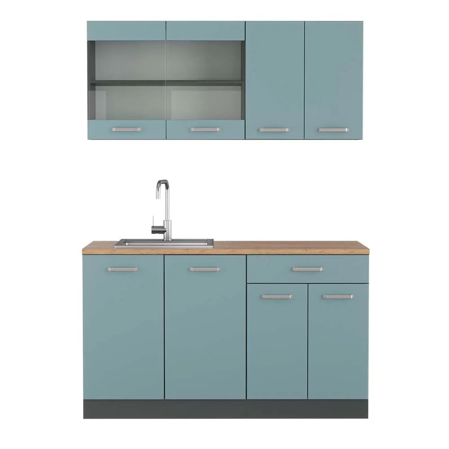 Vicco R-Line Singleküche Blau-Grau Anthrazit 140 cm AP Eiche ohne E-Geräte