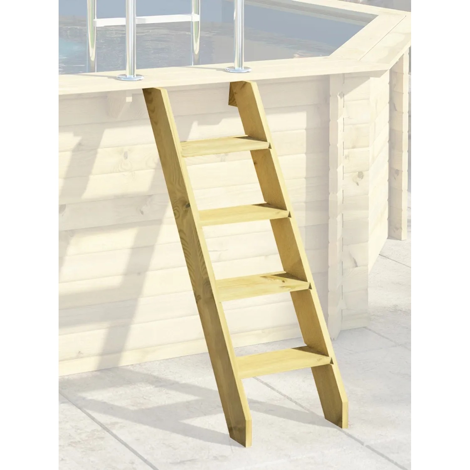 Holzleiter für Karibu Pool mit Sonnenterrasse, Detailansicht.