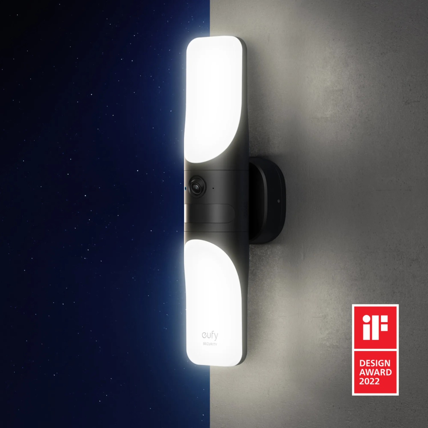 Eufy Wandleuchte mit Kamera S100, 2K, 1200lm, beleuchtet eine Wand. Kameraüberwachung.