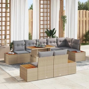 Modulare 9-tlg. vidaXL Garten Essgruppe aus beigem Poly-Rattan mit grauen Kissen und Holztisch auf Terrasse.