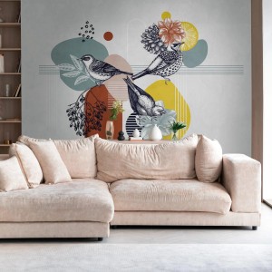 Fototapete mit Vogelmuster in Grau, Orange, Gelb und Blau von PROFHOME.