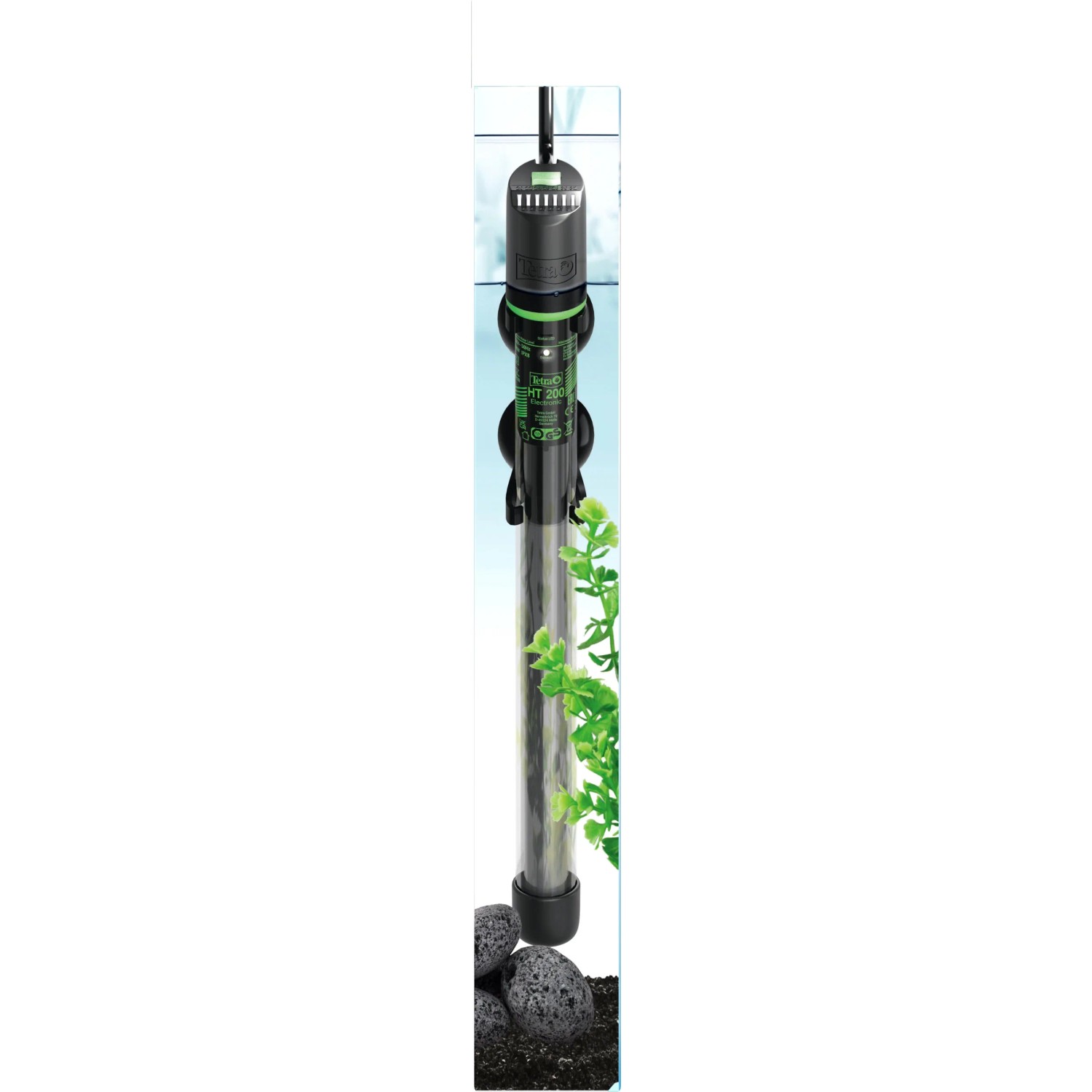 Tetra Aquarienheizer HT Heater Electronic 200 W im Aquarium mit Pflanzen und Steinen.