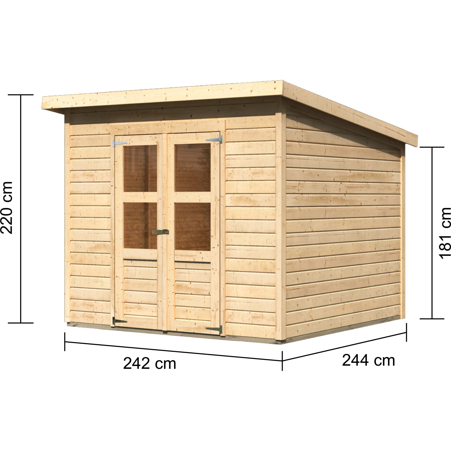 Karibu Holz-Gartenhaus Neuenburg 4 in Natur, 238x240cm, mit Pultdach und Doppeltür.