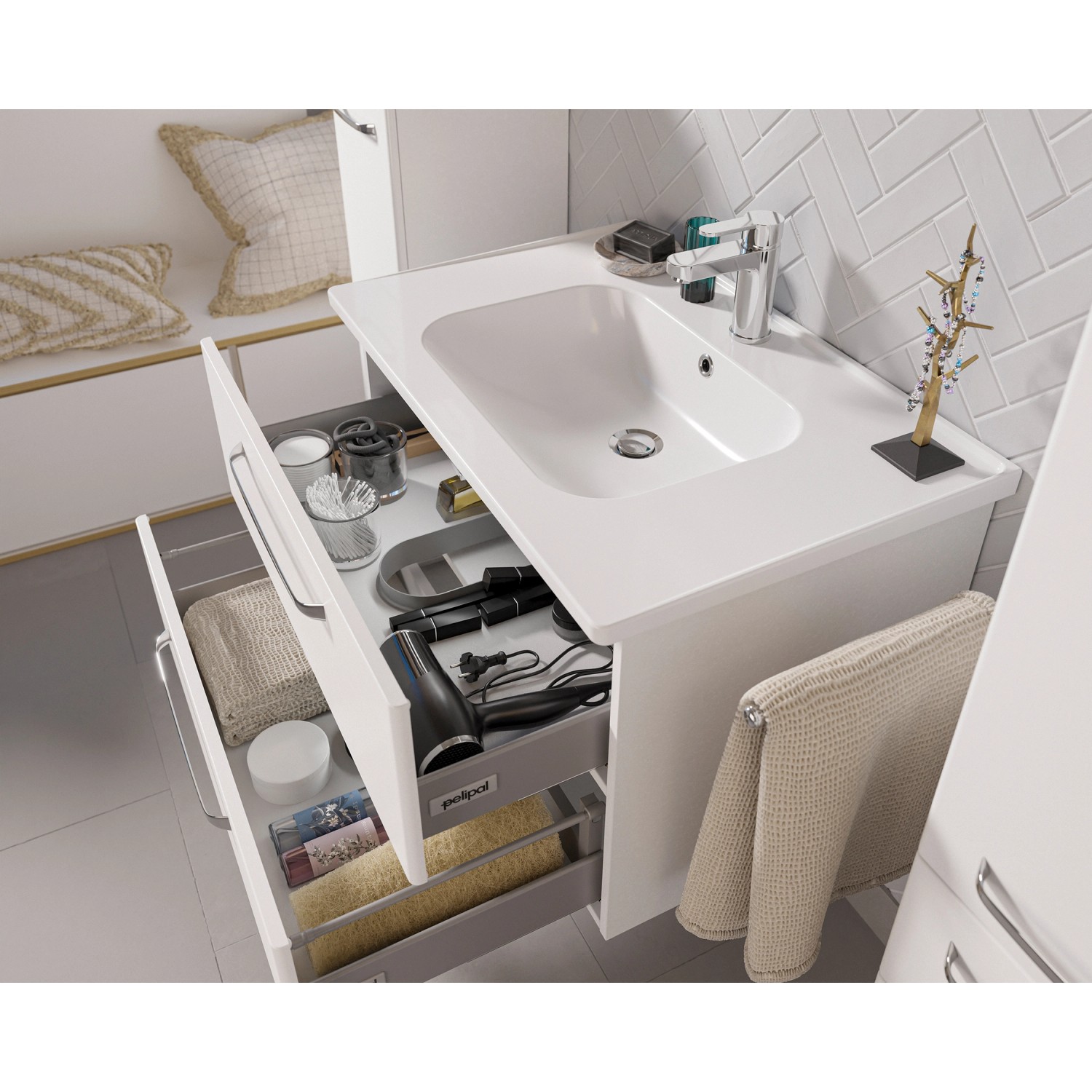 Pelipal Keramik-Waschbecken Trentino, 79 cm, in Weiß mit offenem Schubladensystem.