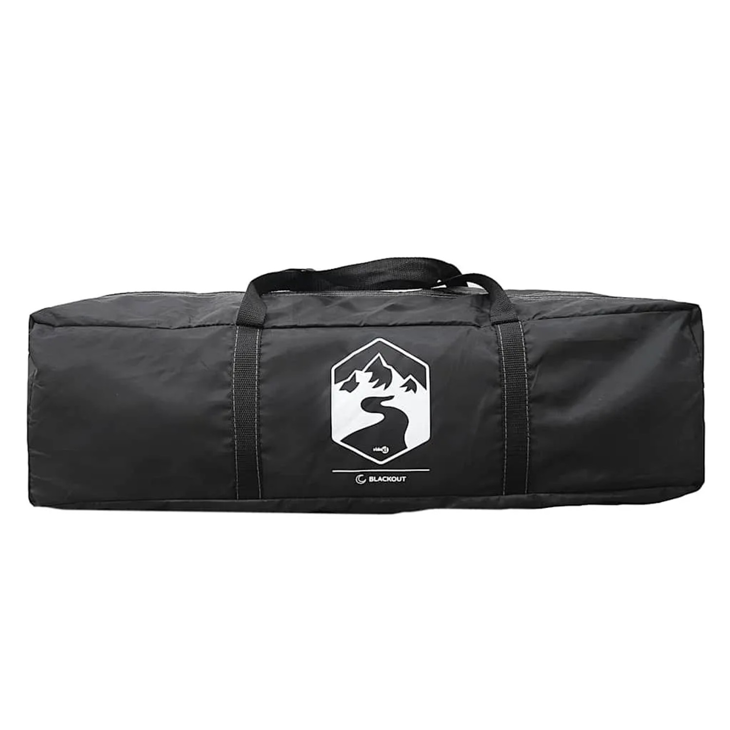 Schwarze Tragetasche für Furnicato Campingzelt mit weißem Blackout-Logo. Ideal für Transport und Lagerung.