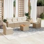 Beige 7-tlg. Garten-Sofagarnitur aus Rattan mit Kissen. Gartenmöbel-Set mit Sofa, Sesseln und Tisch.