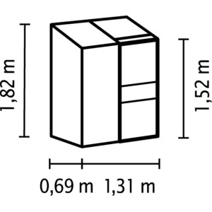 Skizze des Anlehn-Gewächshauses Ida 900, Maße: 182 x 131 x 69 cm, mit Schiebetür und Dachfenster.