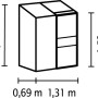 Skizze des Anlehn-Gewächshauses Ida 900, Maße: 182 x 131 x 69 cm, mit Schiebetür und Dachfenster.