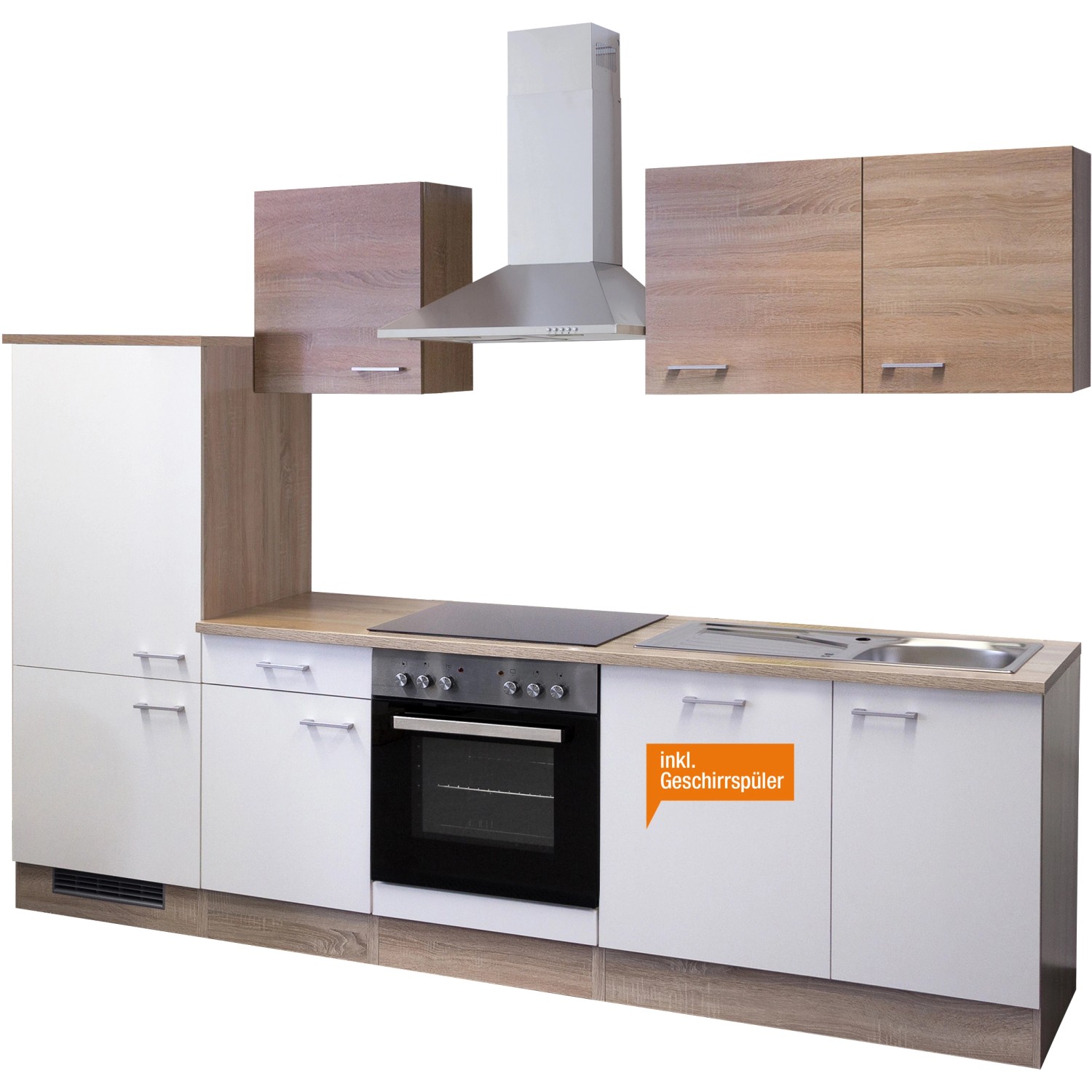 Flex-Well Küchenzeile Florida 280 cm in Weiß Matt und Sonoma Eiche Dekor mit E-Geräten.