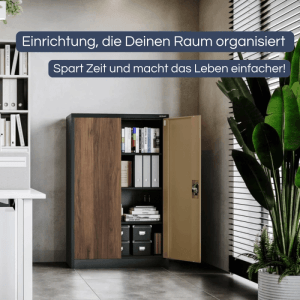 DELUKE Aktenschrank KADO, anthrazit-nussbaum, mit geöffneten Flügeltüren und Ordnern.