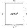Grundriss Palmako Irene Holz-Gartenhaus: 450x550 cm, Satteldach, unbehandeltes Holz, 23,9 m² Fläche.