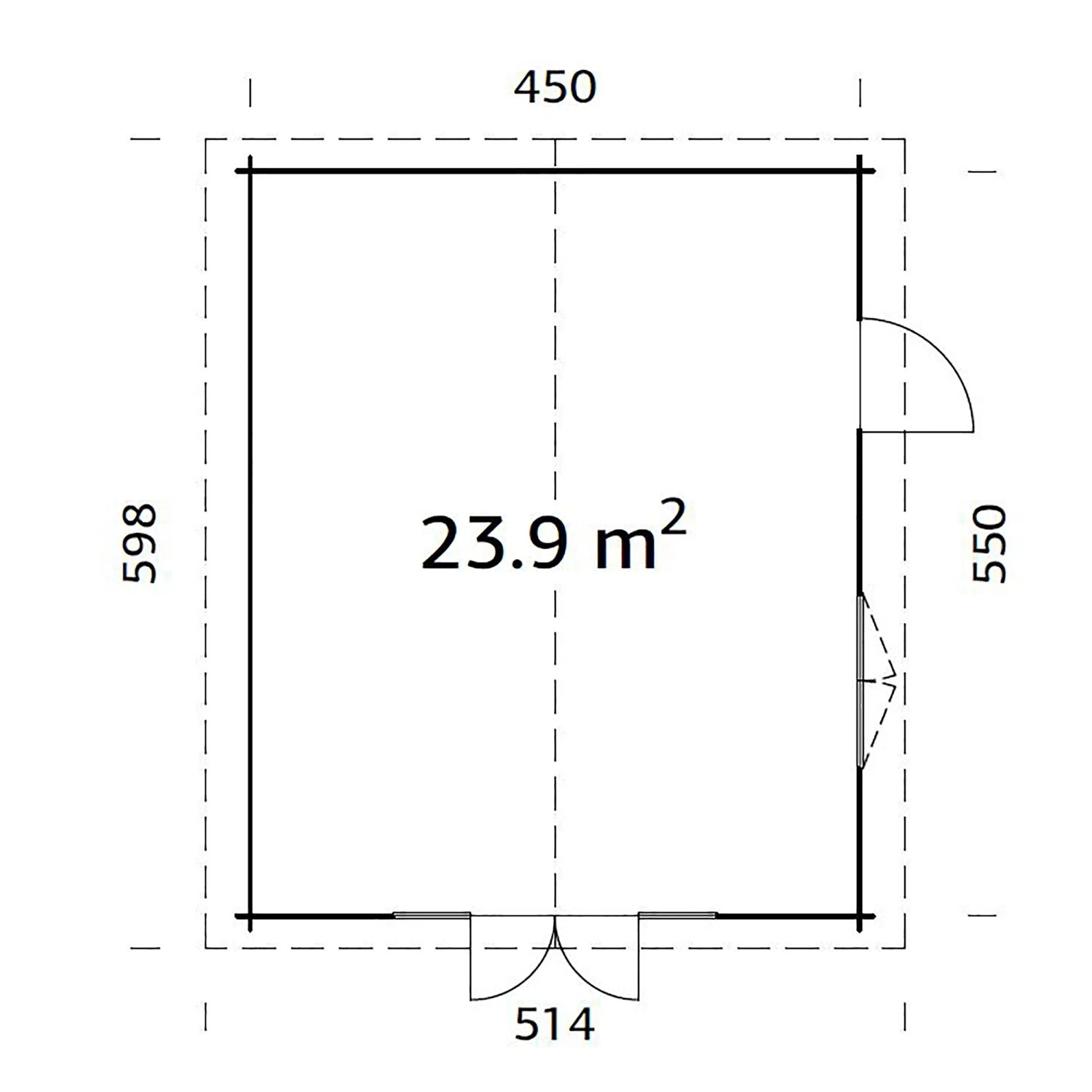Grundriss Palmako Irene Holz-Gartenhaus: 450x550 cm, Satteldach, unbehandeltes Holz, 23,9 m² Fläche.
