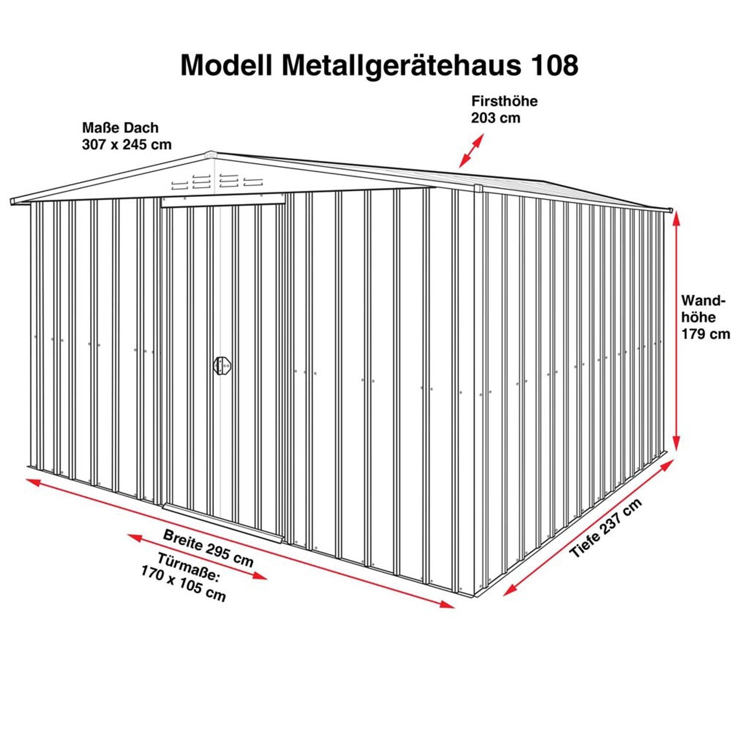 Globel Industries Metall-Gerätehaus 10x8 in Anthrazit, Schema mit Maßen.