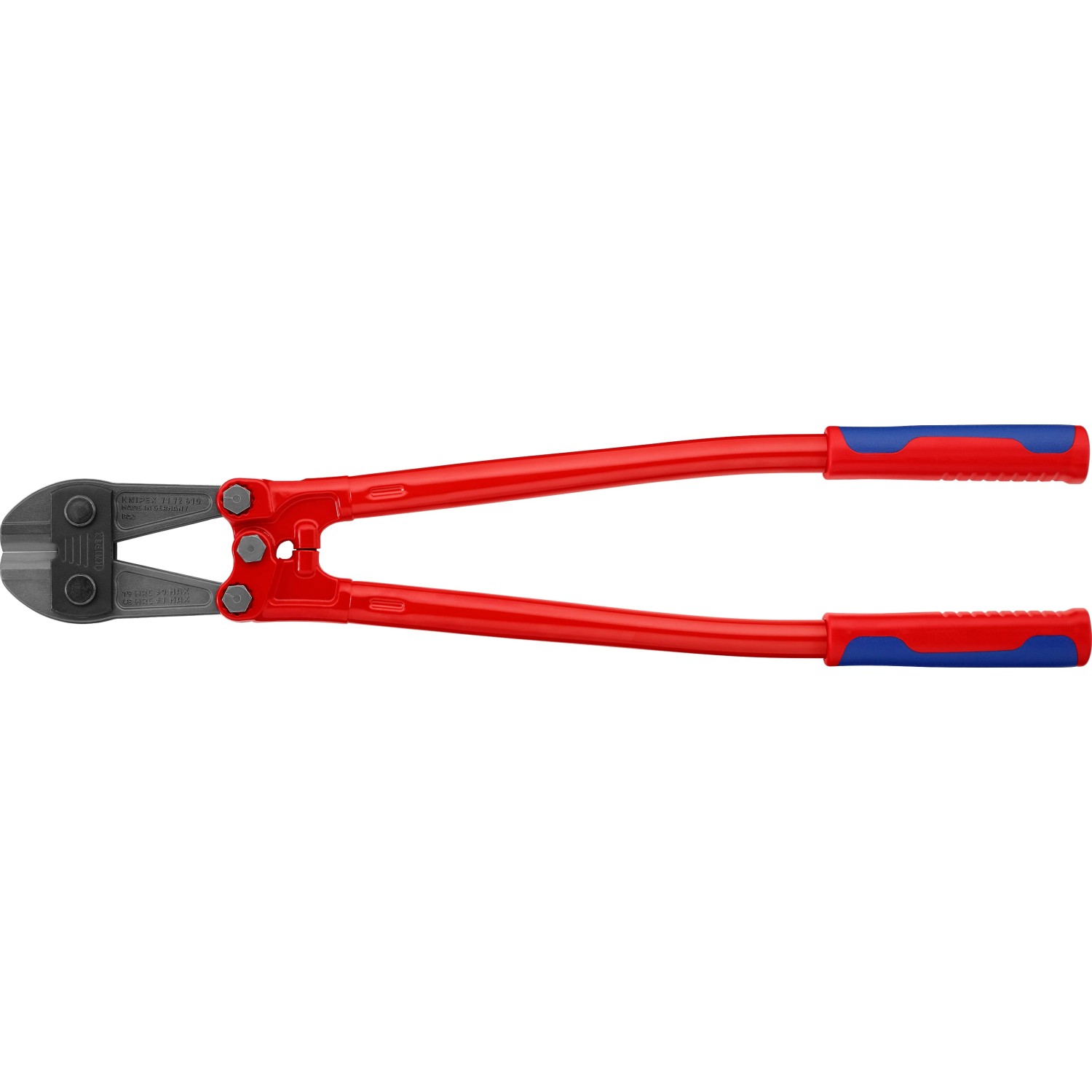 Knipex Bolzenschneider, 610 mm, mit roten Griffen und blau abgesetzten Mehrkomponenten-Hüllen.