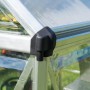 Detailaufnahme eines Palram Canopia Hybrid Gewächshauses: Silberner Rahmen, klare Seitenwände, schwarze Eckverbindung.