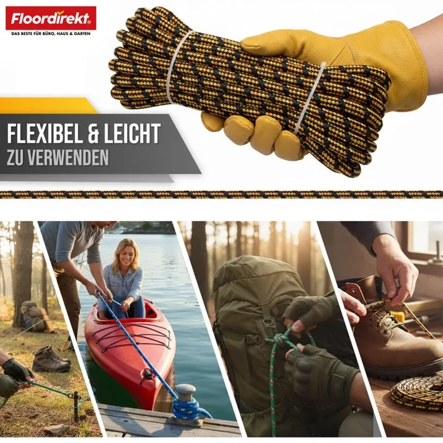 Floordirekt Polypropylen Seil, schwarz-orange, Ø 22mm, 30m Länge. Reißfestes Universal-Seil für vielseitige Anwendungen.