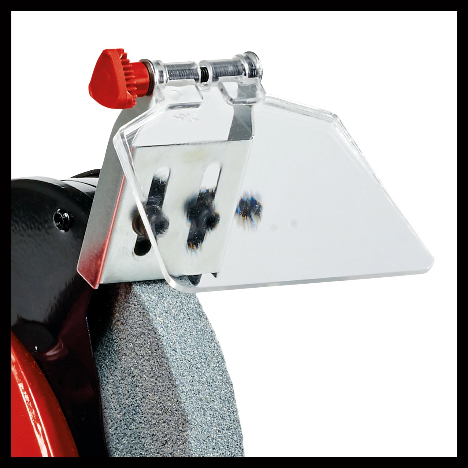 Detailaufnahme: Einhell TC-WD 200/150 Nass-Trockenschleifer mit Funkenschutzglas.