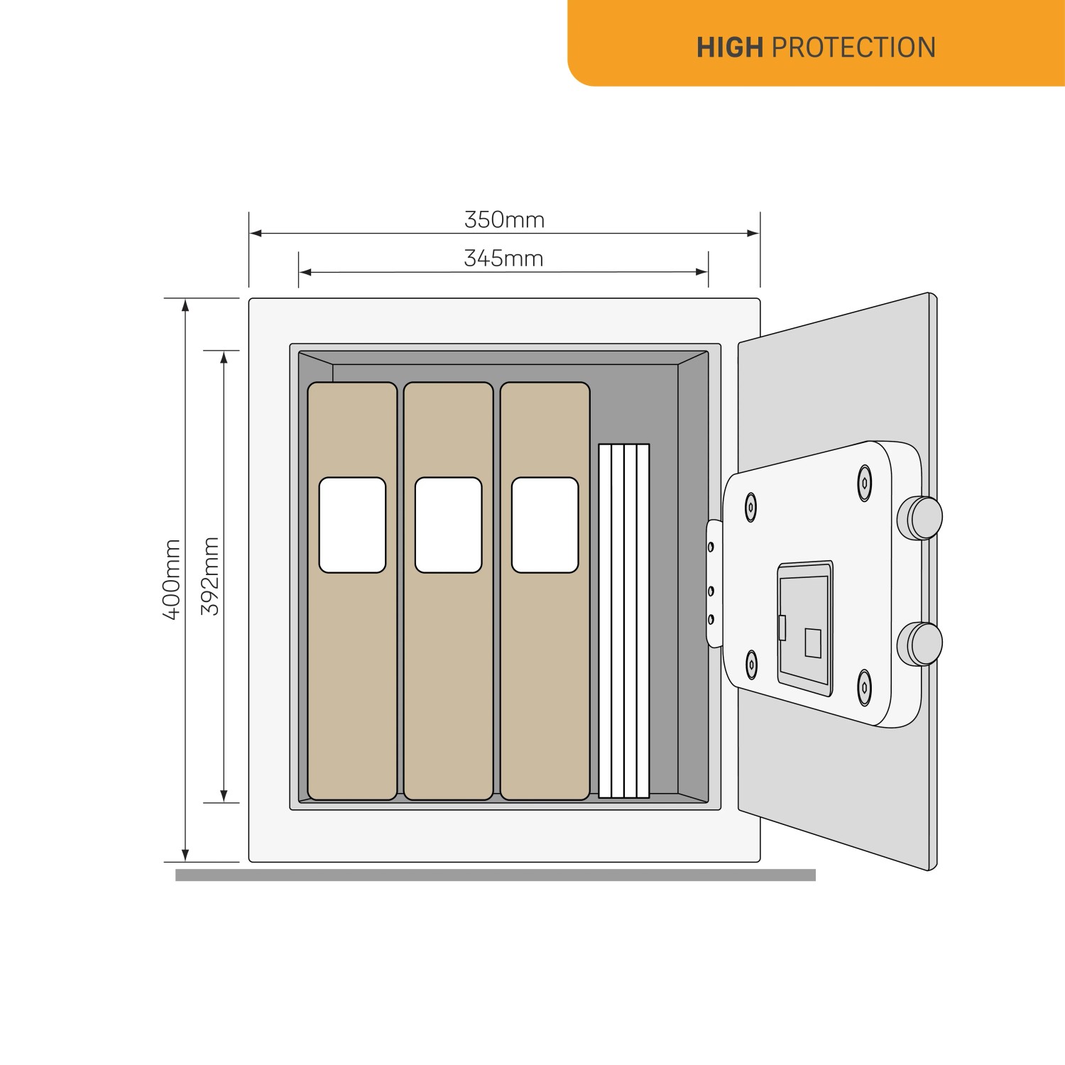 Offener Yale Tresor High Security Safe 38,5 l mit Ordnern und Maßen.