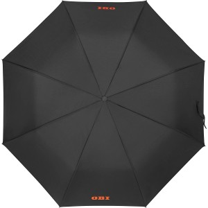 Geöffneter, schwarzer OBI Regenschirm (Ø 98 cm) mit OBI Logo. Halbautomatisch, für zuverlässigen Schutz.