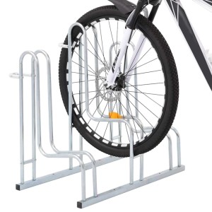 Verzinkter Fahrradständer für 3 Fahrräder, freistehend. Fahrrad teilweise im Ständer.